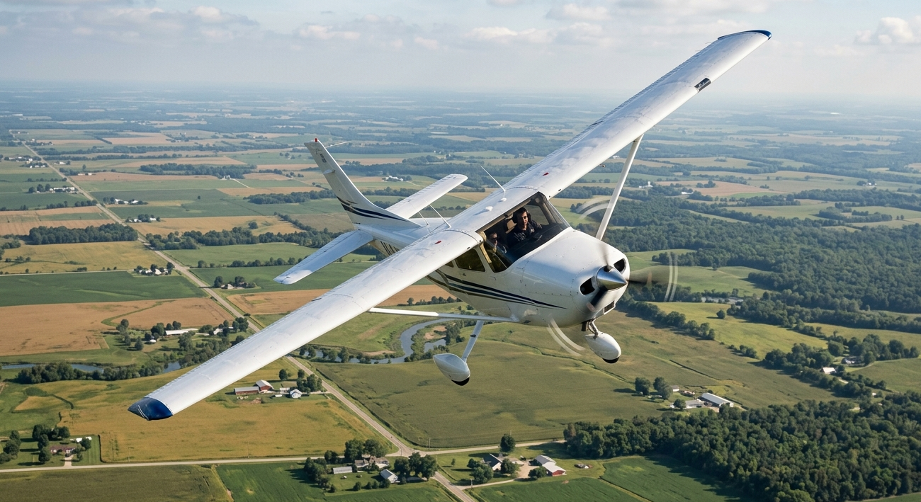 Commercial pilot practising FAA flight maneuvers in a training aircraft
