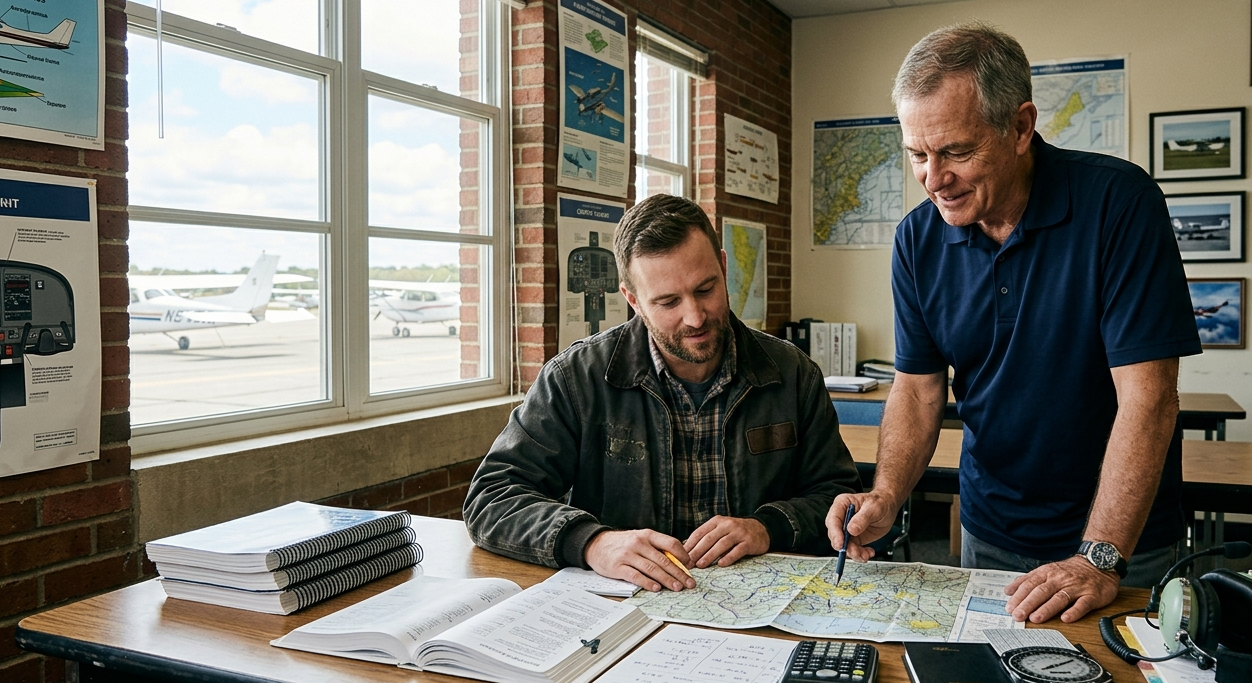 Commercial pilot student studying FAA flight training material