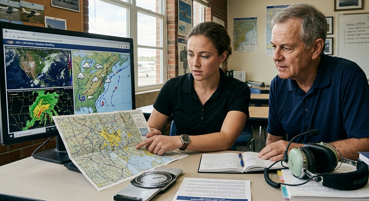 Commercial pilot students studying aviation weather and flight planning