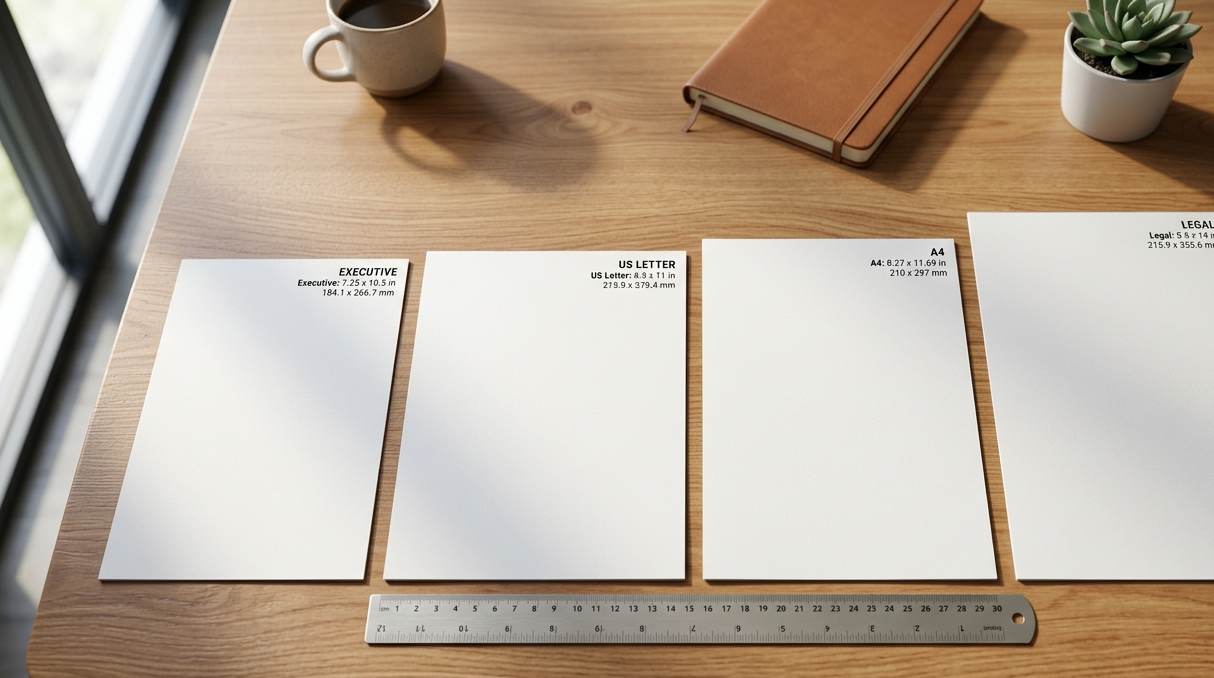 Comparison of A4, US Letter, Legal, and Executive paper sizes.