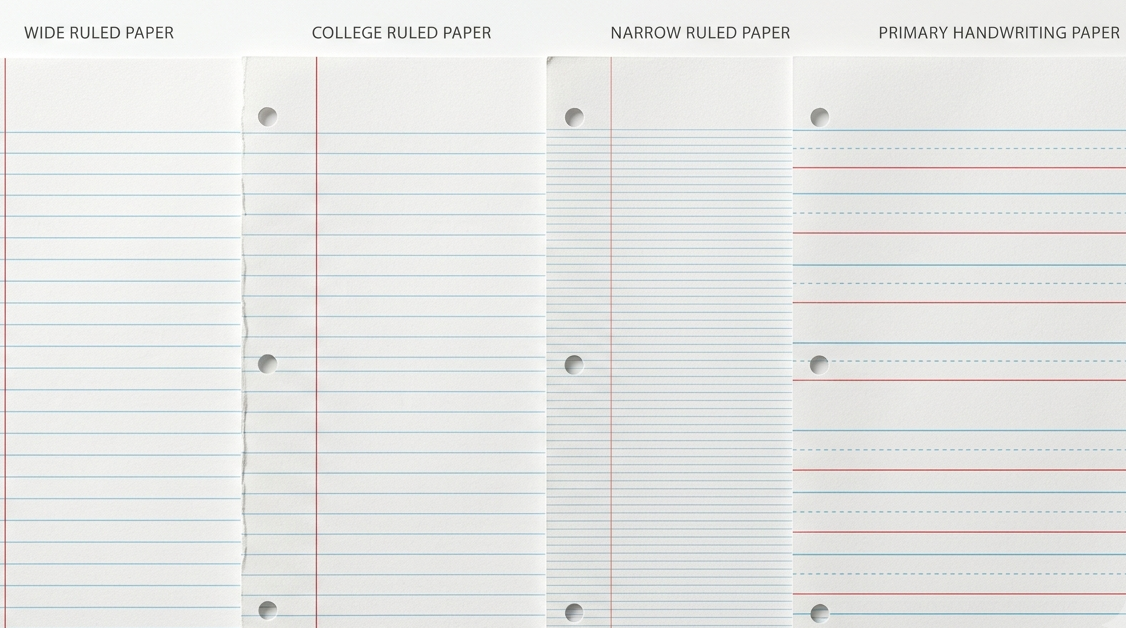 Comparison of wide ruled, college ruled, narrow ruled, and primary lined paper.