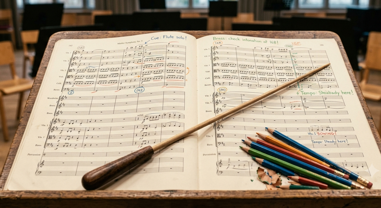 Marked orchestral conductor score prepared for rehearsal