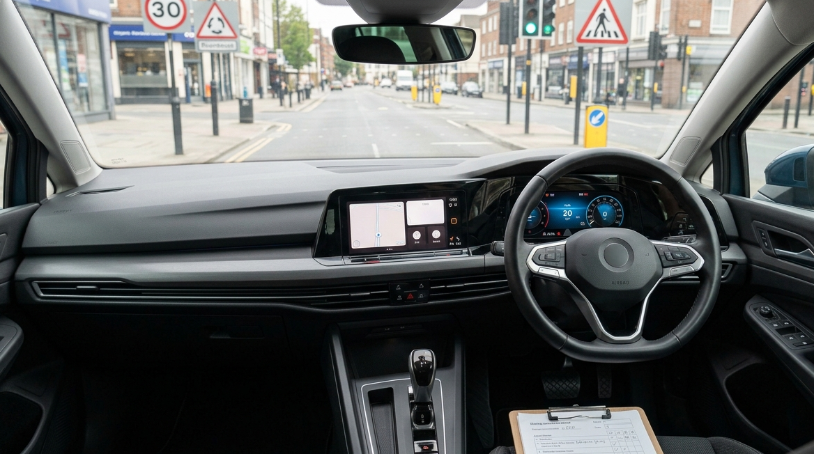 Modern car dashboard and steering controls