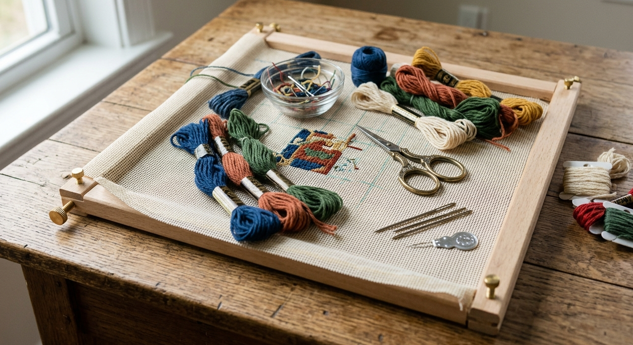 Needlepoint canvas, tapestry needles and colorful threads