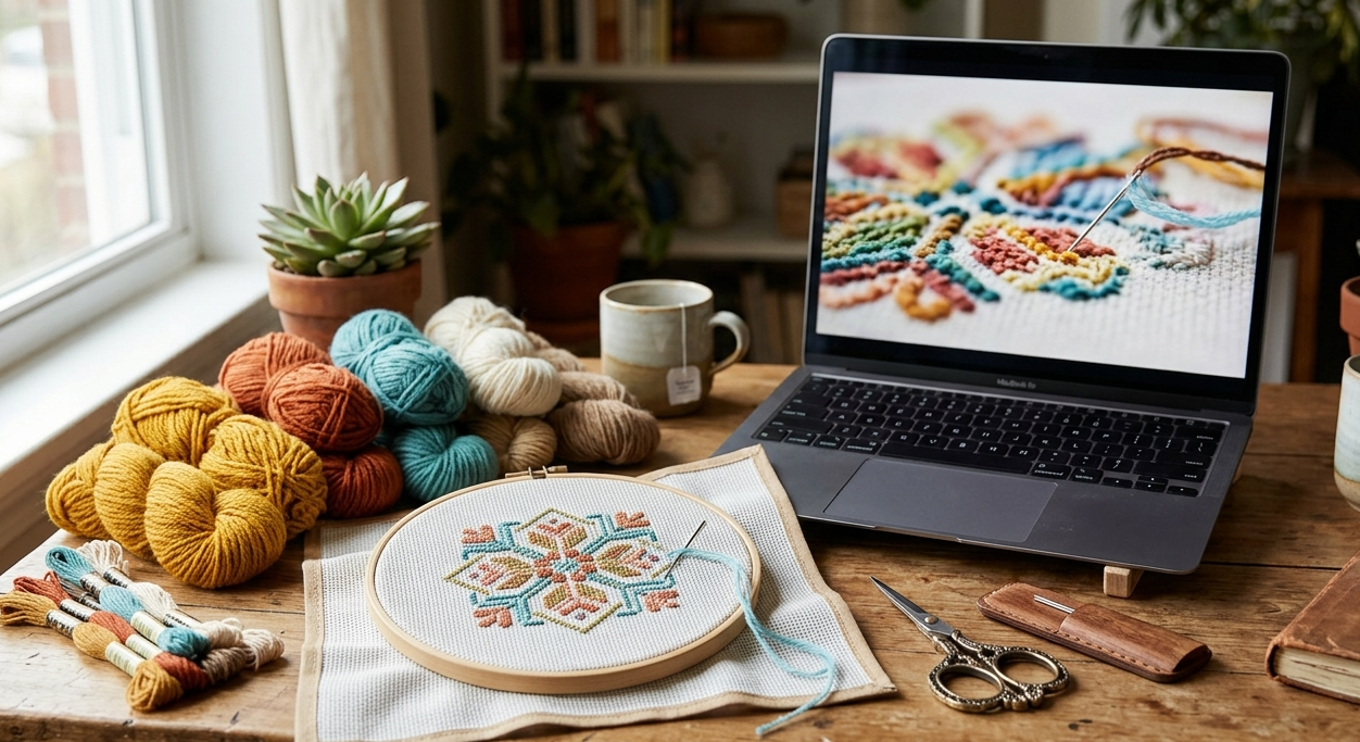 Online needlepoint lesson with canvas and stitching supplies beside a laptop