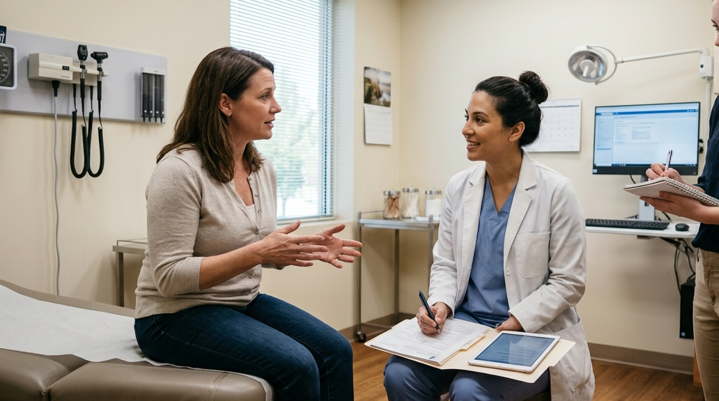 Physician assistant communicating with a patient during a clinical consultation