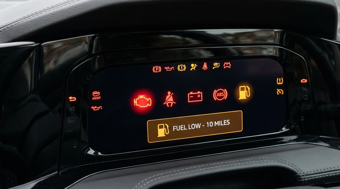 Vehicle dashboard displaying warning indicator lights