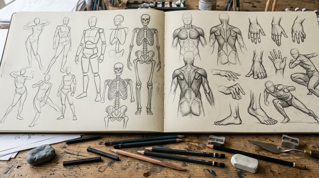 Human anatomy drawing exercises including gesture, construction, skeleton and muscles