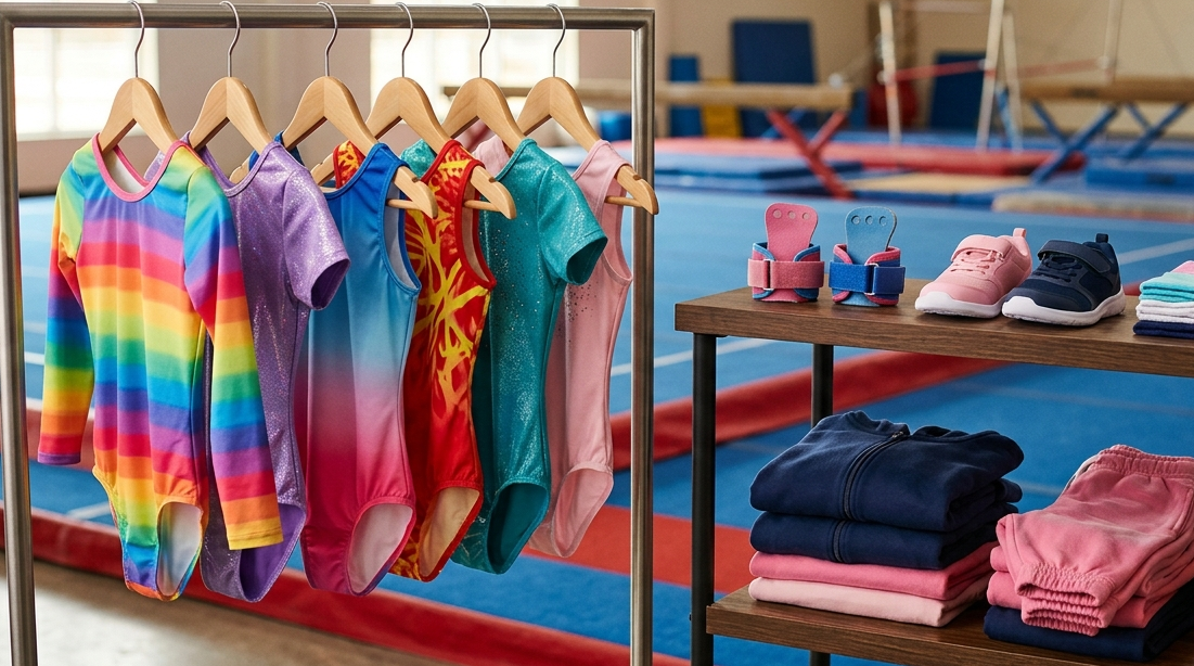 Gymnastics gear and training clothing in a sports facility