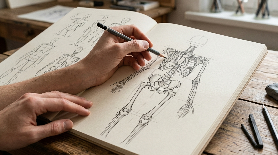 Artist drawing a human skeleton to study anatomical landmarks