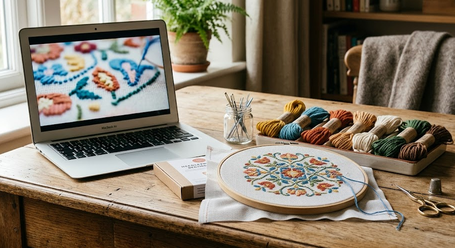 Home needlepoint workspace for taking an online stitching class