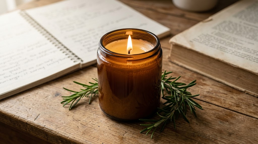 Rosemary scented candle beside study materials