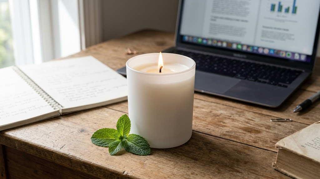 Peppermint scented candle on a study desk