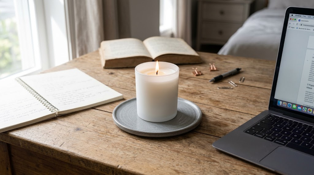Candle safely positioned away from books and electronics while studying