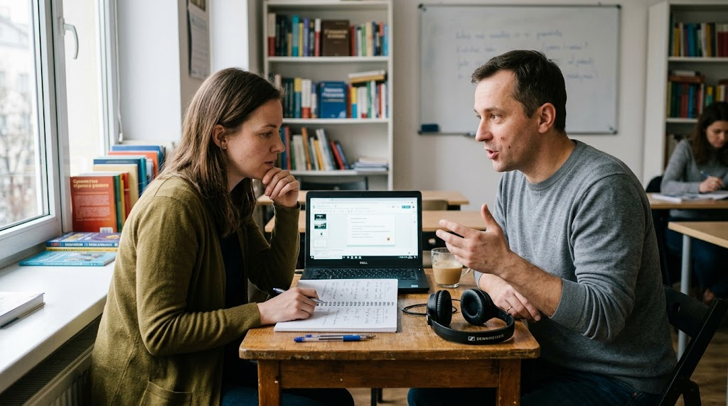 English speaker practicing Polish pronunciation with a tutor