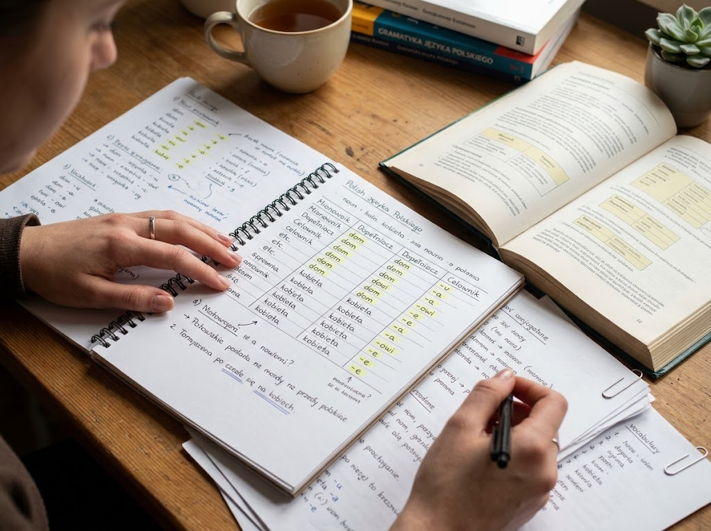 Polish learner practicing grammatical cases and noun endings