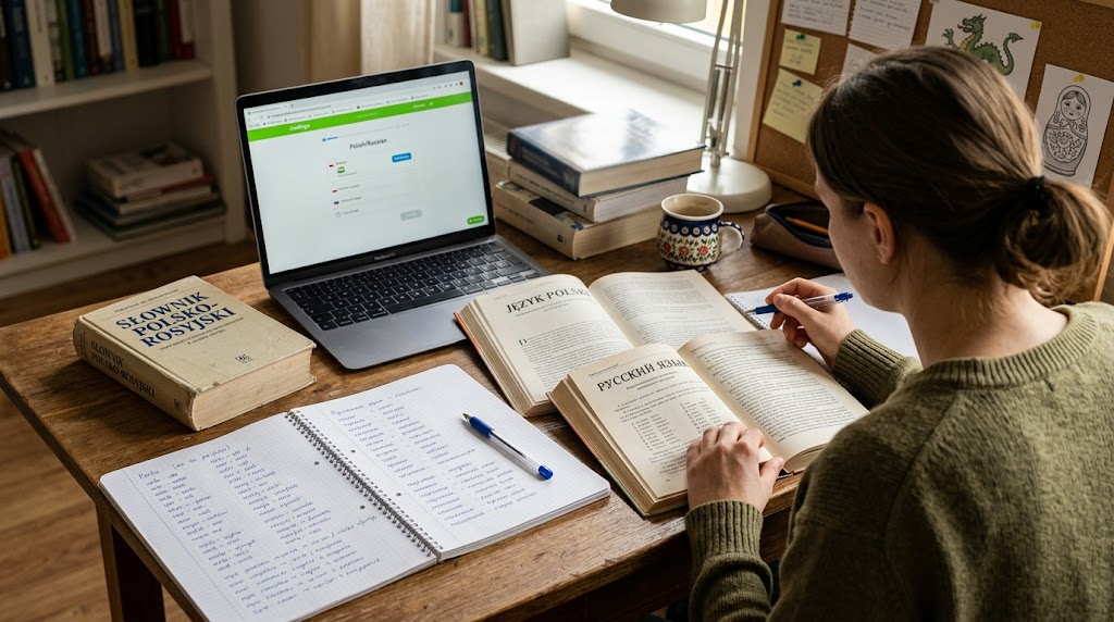 Polish and Russian language study materials compared side by side