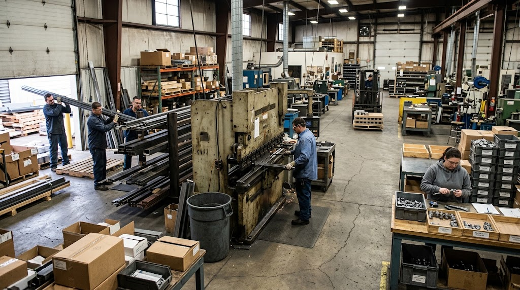 Workers handling materials and finished products across a production process