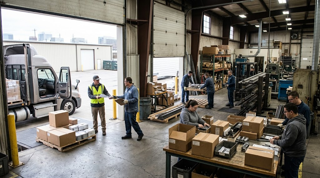 Employees receiving materials from an external business supplier