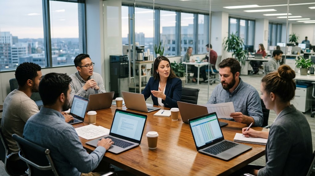 Cross functional employees collaborating across organizational departments