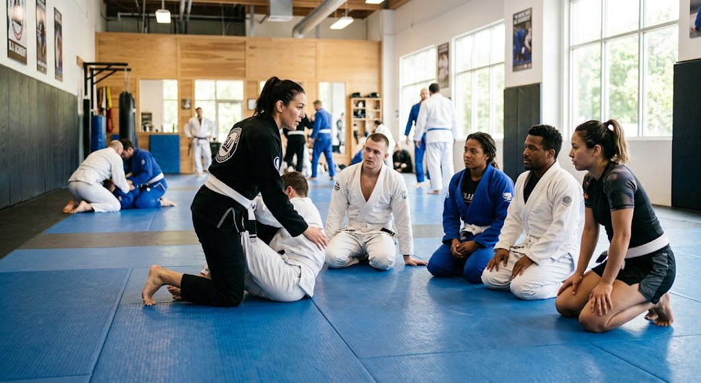 BJJ instructor demonstrating a technique to beginners during class
