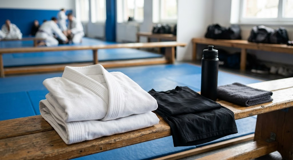 Gi and No-Gi clothing prepared for a first Brazilian Jiu-Jitsu class