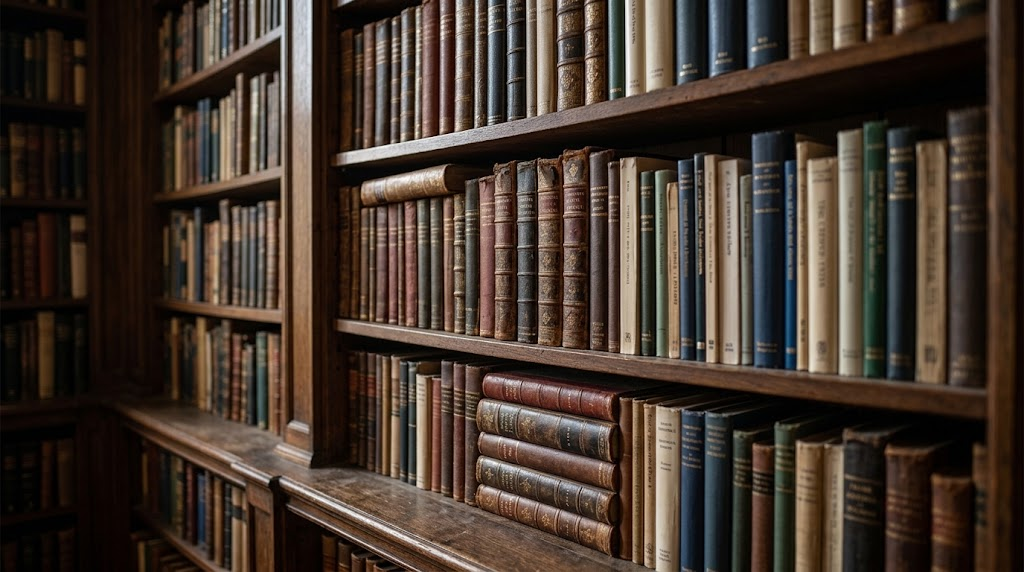 Classical literature and philosophy books on library shelves