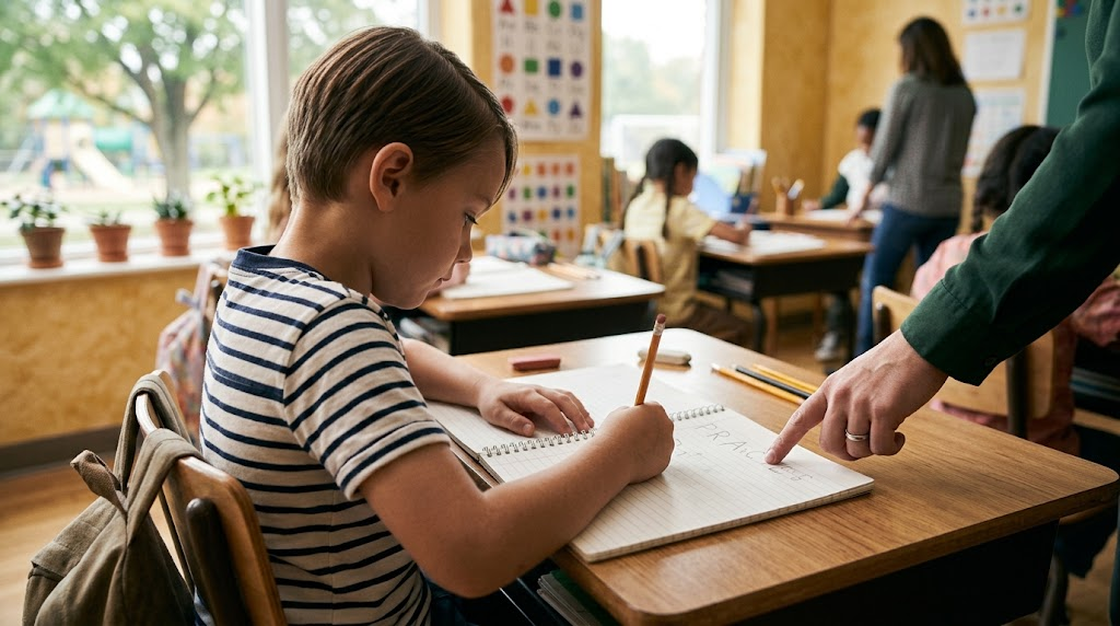 Child practicing handwriting in a classroom