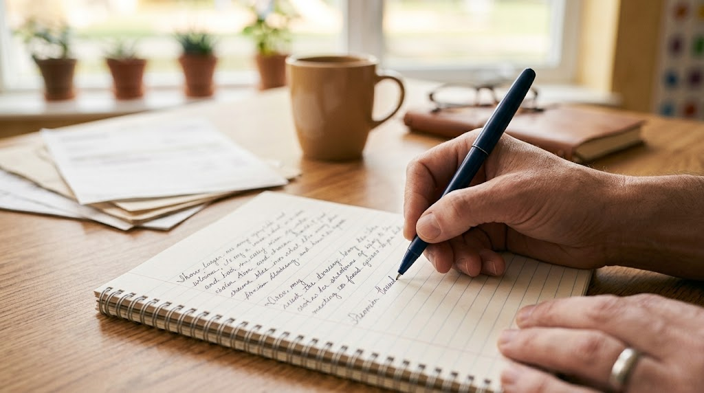 Adult writing quickly in fluent cursive handwriting