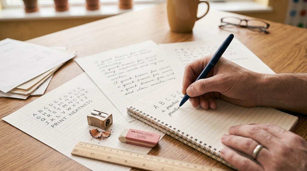 Person practicing print and cursive handwriting
