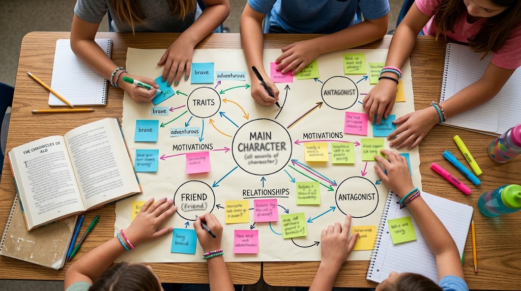 Students creating a character map for a novel study