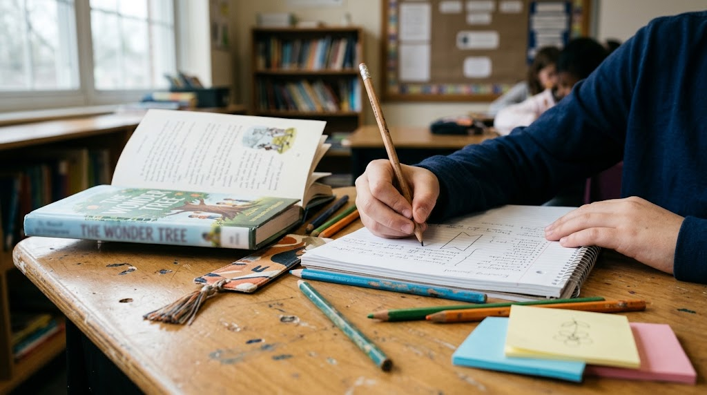 Student completing a reading journal during a novel study
