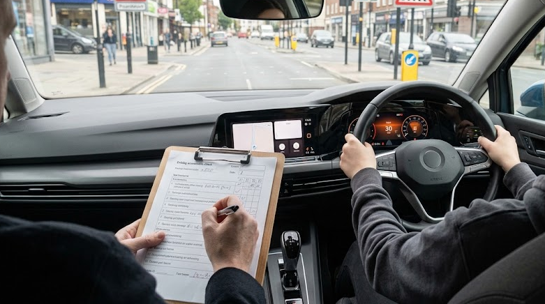Driving examiner evaluating a practical road test