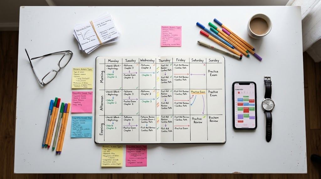 Weekly daily study schedule for a one month USMLE Step 1 preparation plan