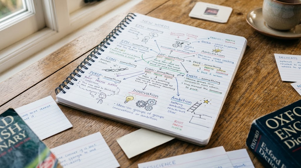 vocabulary associations and memory cues in a handwritten study notebook