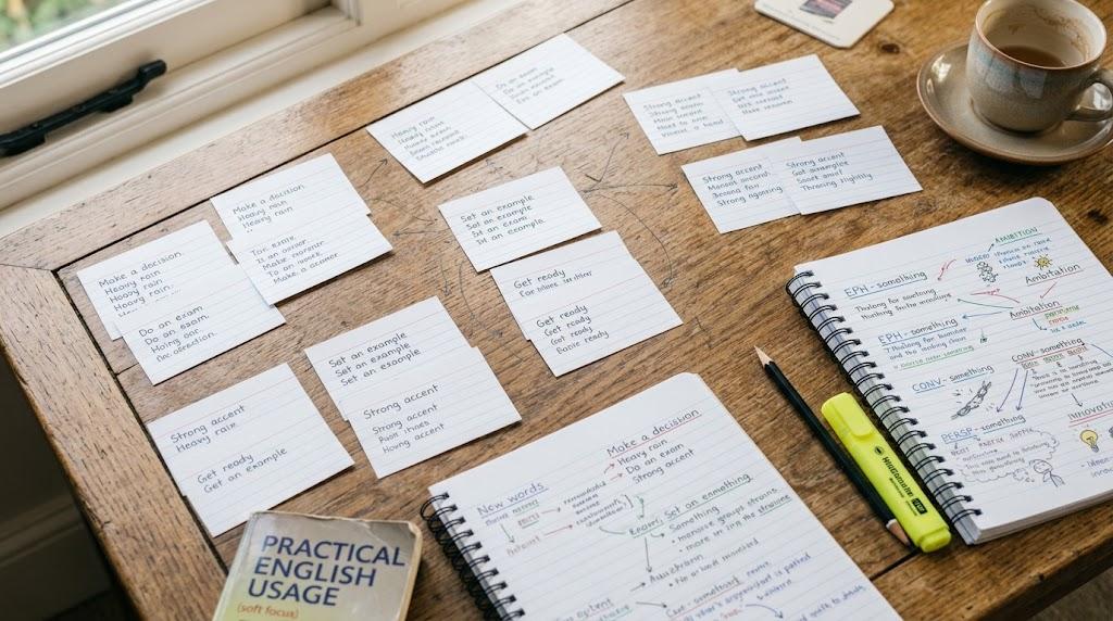 English vocabulary phrases and collocations on study cards