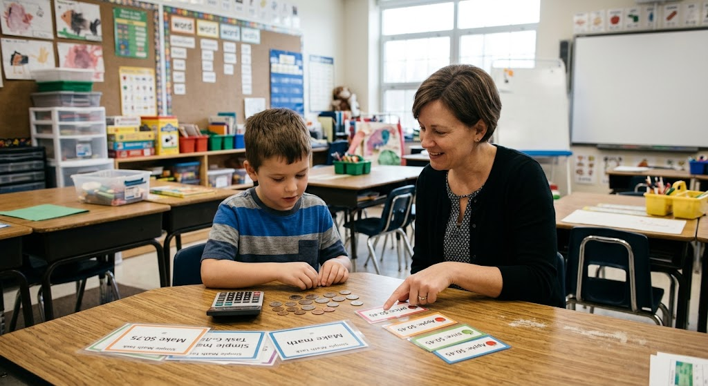 Teacher helping a student practice functional math skills with money and task cards