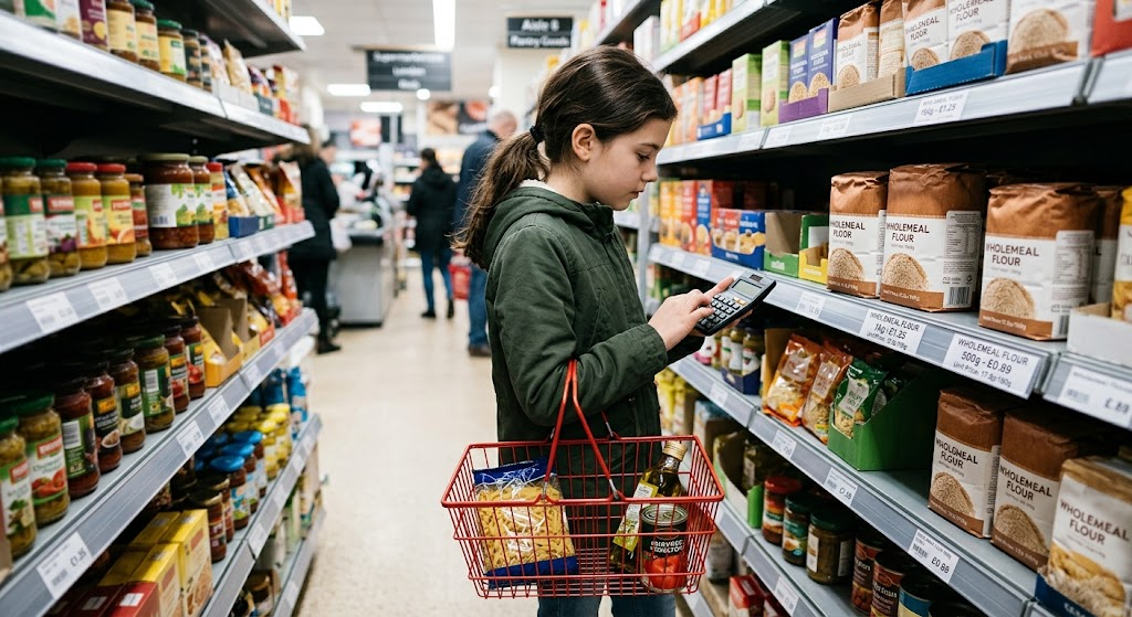 Student practicing shopping math by comparing grocery prices