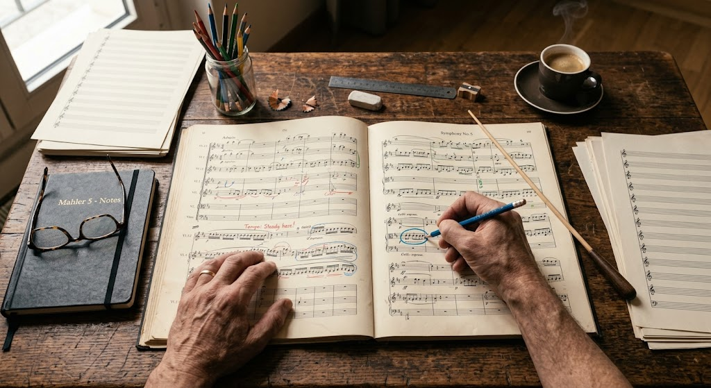Color-coded conductor score markings for orchestra preparation