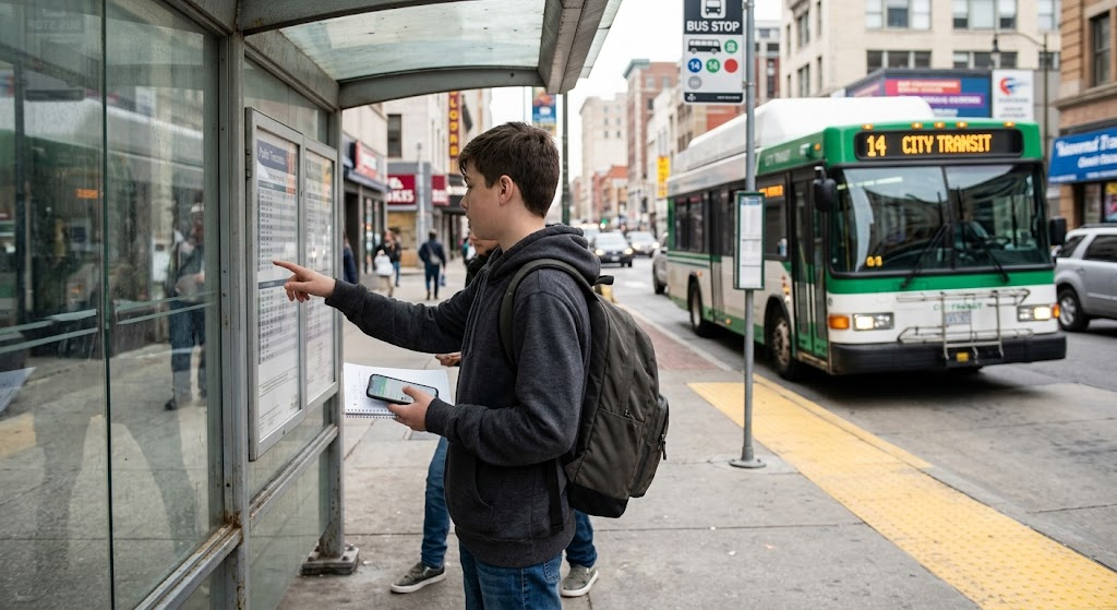 Student practicing functional math with a bus schedule at a community bus stop