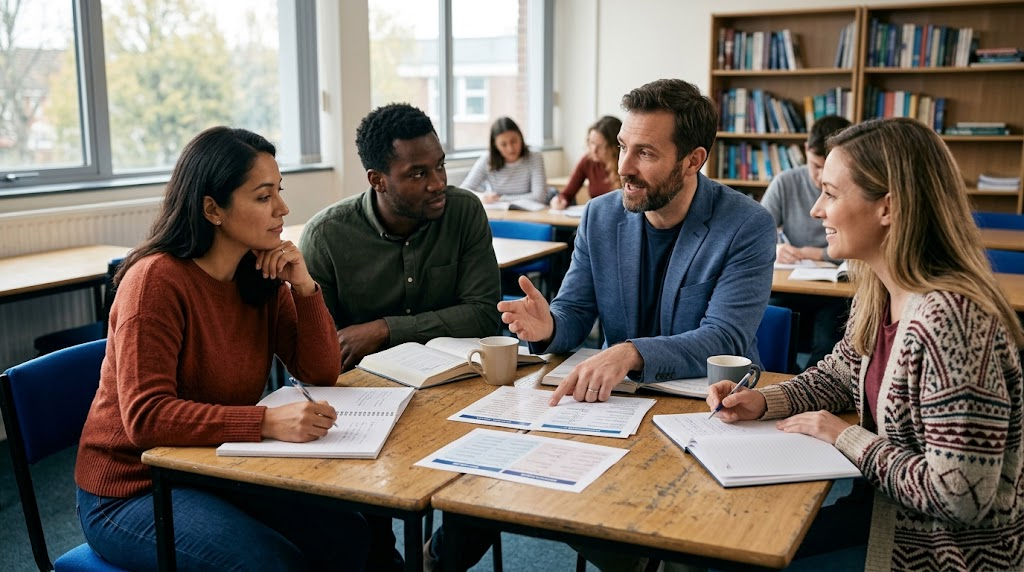 English teacher explaining American English usage to students