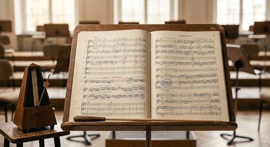 Orchestra score studied without using a piano