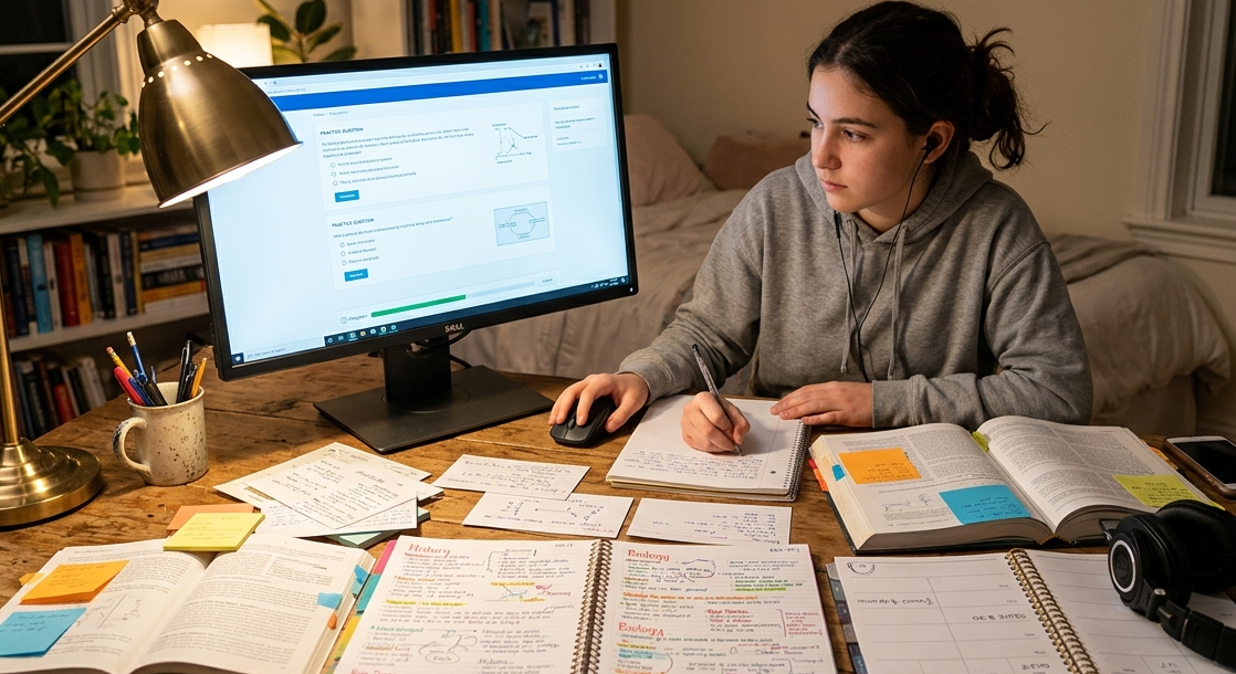 student using multiple resources to study quiz bowl