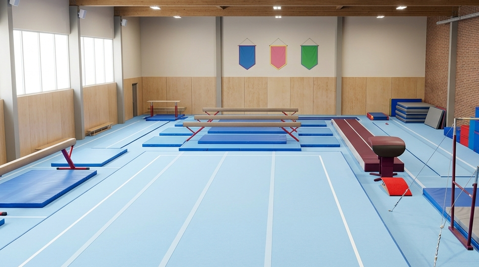 Gymnastics equipment in a recreational and competitive training facility