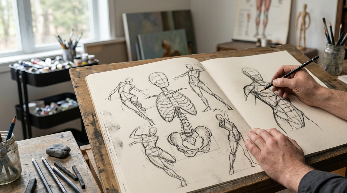 Rib cage and pelvis construction studies for anatomy drawing practice