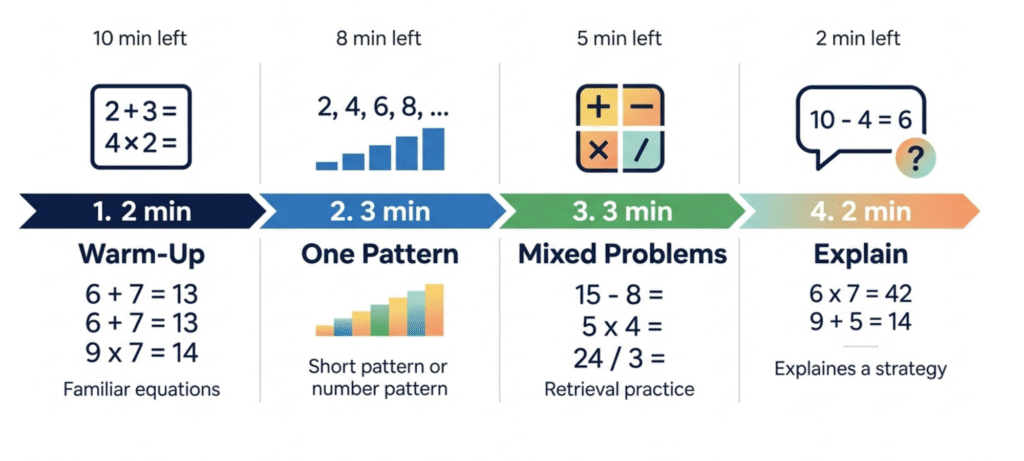 10 minute math facts practice routine with warm up patterns mixed problems and strategy explanation
