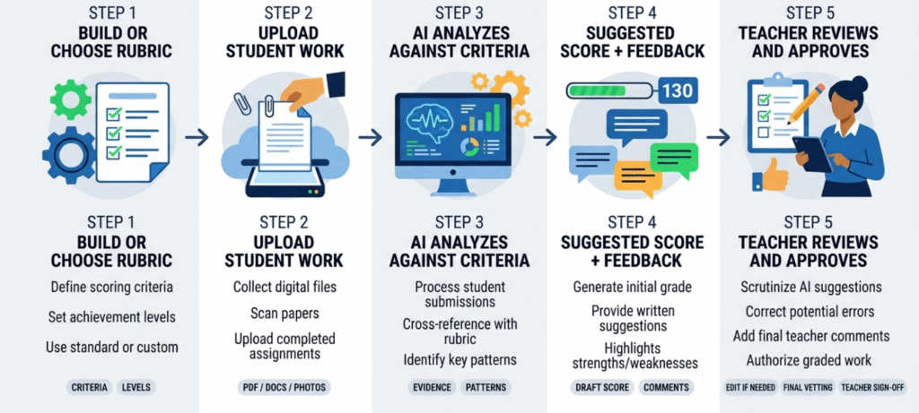 AI grading workflow from rubric setup and student submission to teacher review