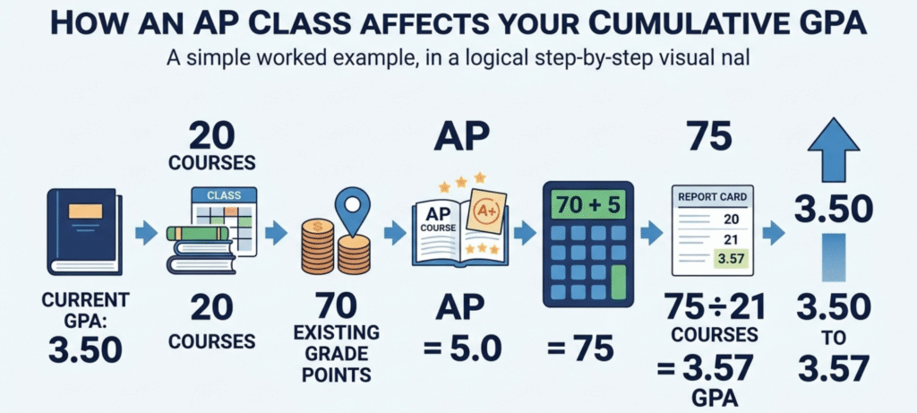 AP GPA calculation infographic showing how one AP A changes a 3.50 GPA to 3.57