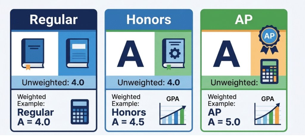 AP honors and regular class GPA infographic comparing weighted and unweighted grade points