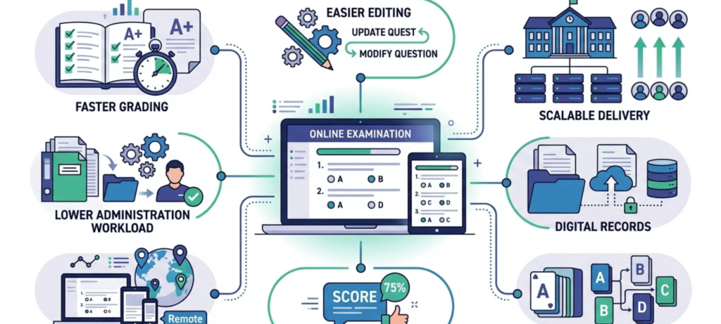 Advantages of online examination including faster grading, flexible access, digital records and quicker feedback